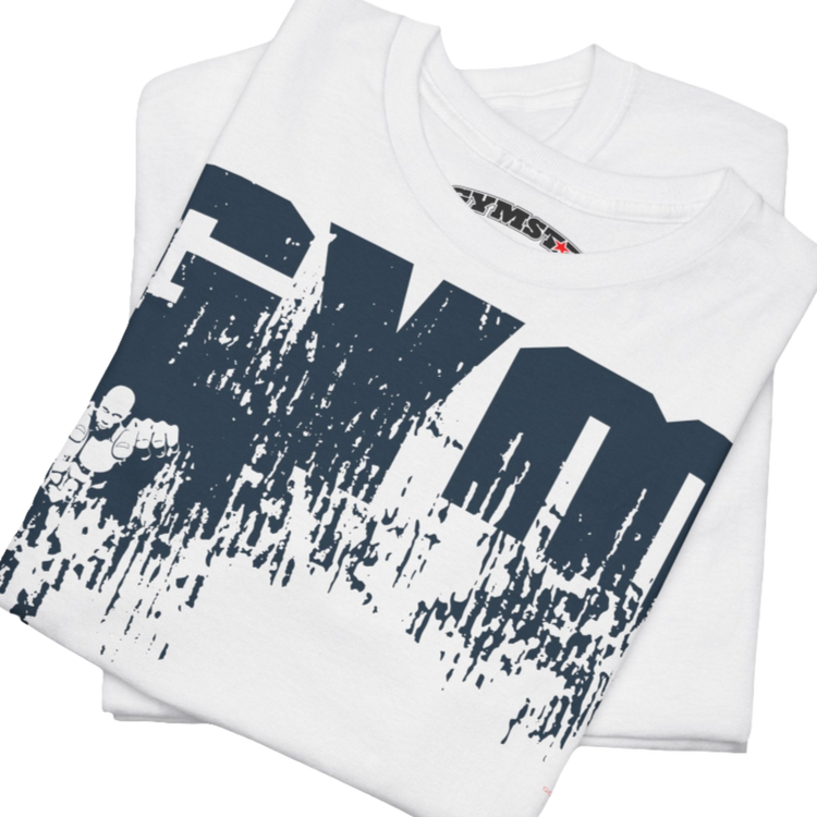 A white Gymstar workout t-shirt with a black graphic that reads 'GYM i want you', and logo, presumably bodybulding or fitness. Front Close up view.