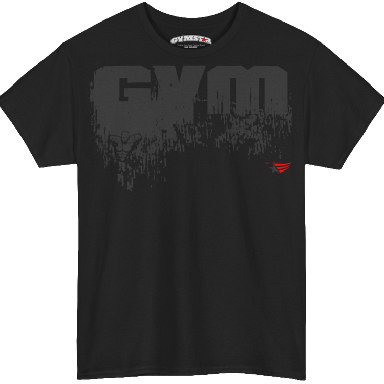 A black Gymstar training t-shirt with a black graphic that reads 'GYM i want you', and logo, presumably bodybulding or fitness. front view.