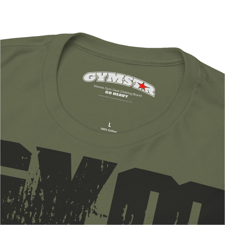 A military green Gymstar training t-shirt with a black graphic that reads 'GYM i want you', and logo, presumably bodybulding or fitness. Close up logo front view.