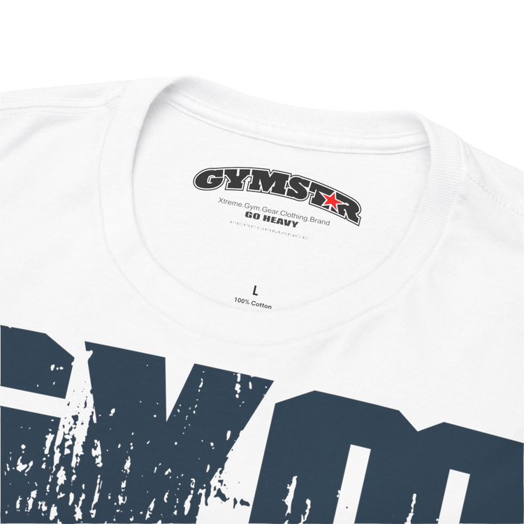 A white Gymstar workout t-shirt with a black graphic that reads 'GYM i want you', and logo, presumably bodybulding or fitness. Front Logo Close up view.