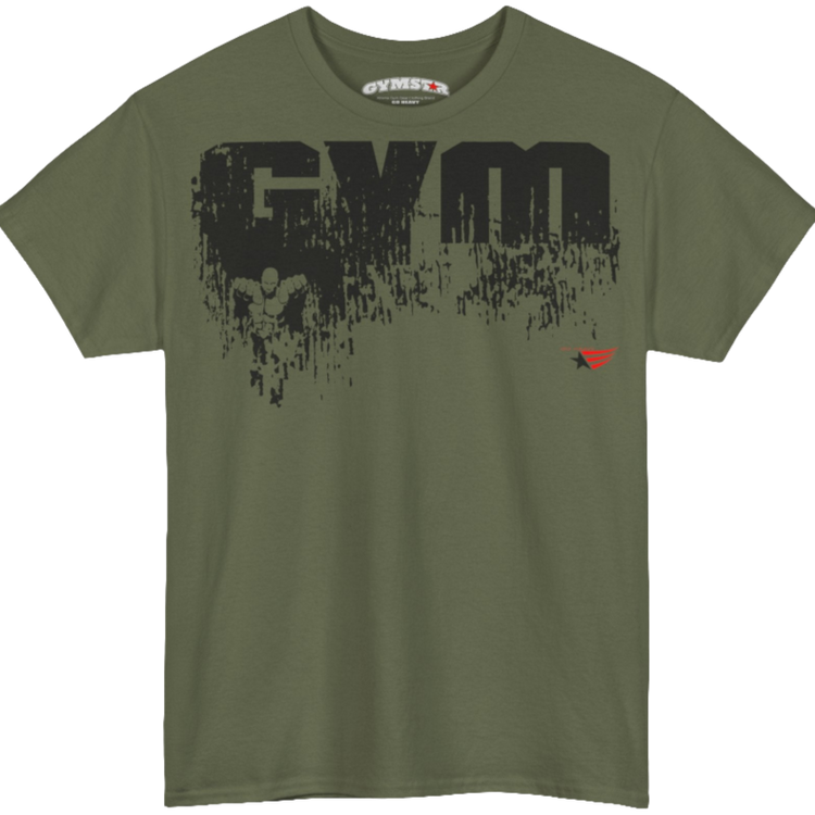 A military green Gymstar training t-shirt with a black graphic that reads 'GYM i want you', and logo, presumably bodybulding or fitness. Front view.
