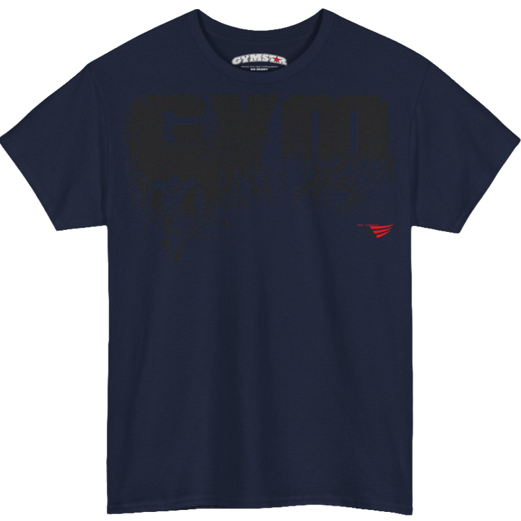 A navy blue Gymstar workout t-shirt with a black graphic that reads 'GYM i want you', and logo, presumably bodybulding or fitness. Rear Logo Close up view.