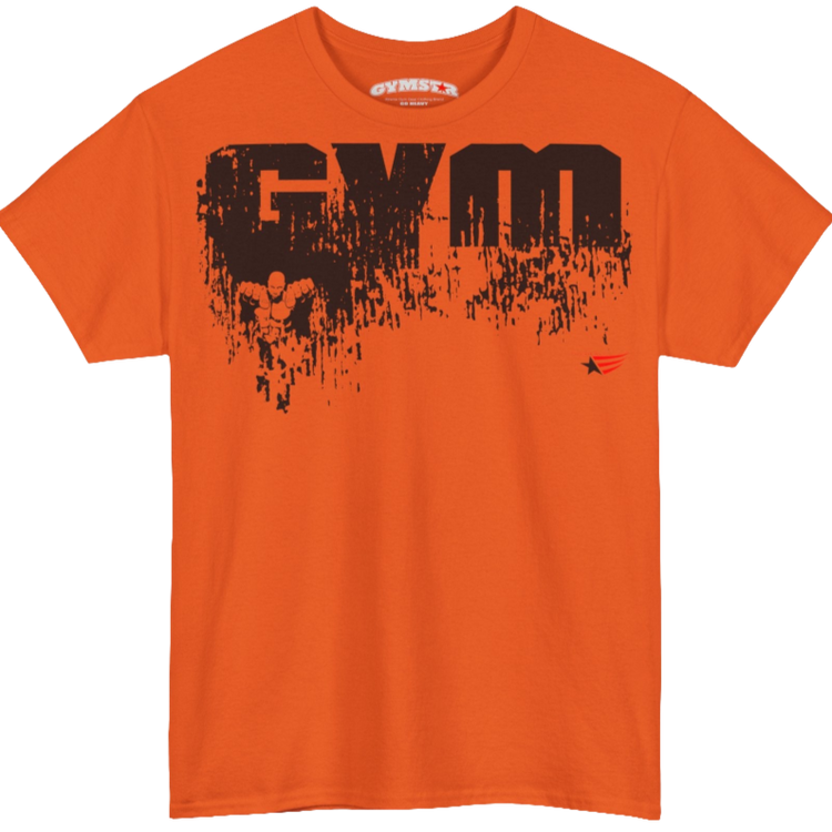A orange Gymstar workout t-shirt with a black graphic that reads 'GYM i want you', and logo, presumably bodybulding or fitness. Front view.