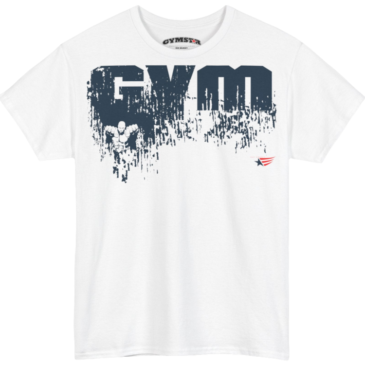 A white Gymstar workout t-shirt with a black graphic that reads 'GYM i want you', and logo, presumably bodybulding or fitness. Front view.