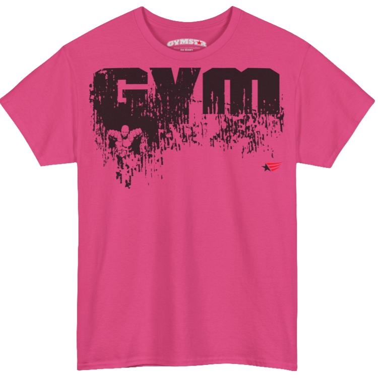 A purple Gymstar workout t-shirt with a black graphic that reads 'GYM i want you', and logo, presumably bodybulding or fitness. Front view.