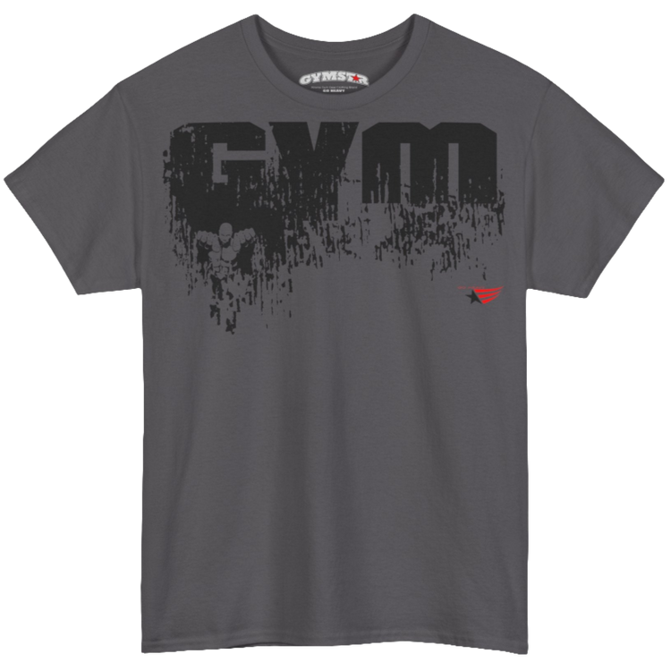 A sport grey Gymstar workout t-shirt with a black graphic that reads 'GYM i want you', and logo, presumably bodybulding or fitness. front view.