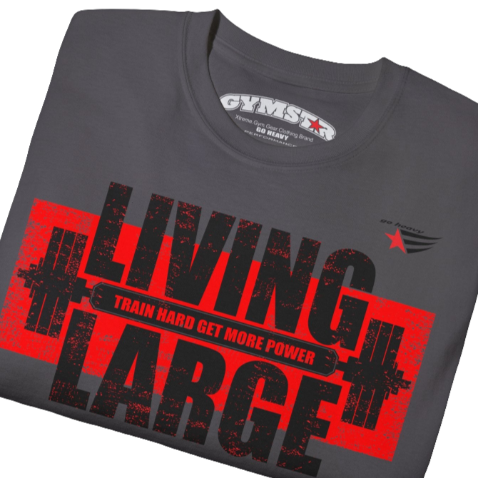 Gymstar sport grey t-shirt, designed for heavy workout enthusiasts. The chest features a large, distressed print depicting a barbell and motivational text. The "LIVING LARGE" text is a standout red color, and the "TRAIN HARD GET MORE POWER" message makes it a perfect choice for weightlifting and gym training.