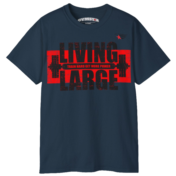 Gymstar white navy blue, designed for heavy workout enthusiasts. The chest features a large, distressed print depicting a barbell and motivational text. The "LIVING LARGE" text is a standout red color, and the "TRAIN HARD GET MORE POWER" message makes it a perfect choice for weightlifting and gym training. Front view.
