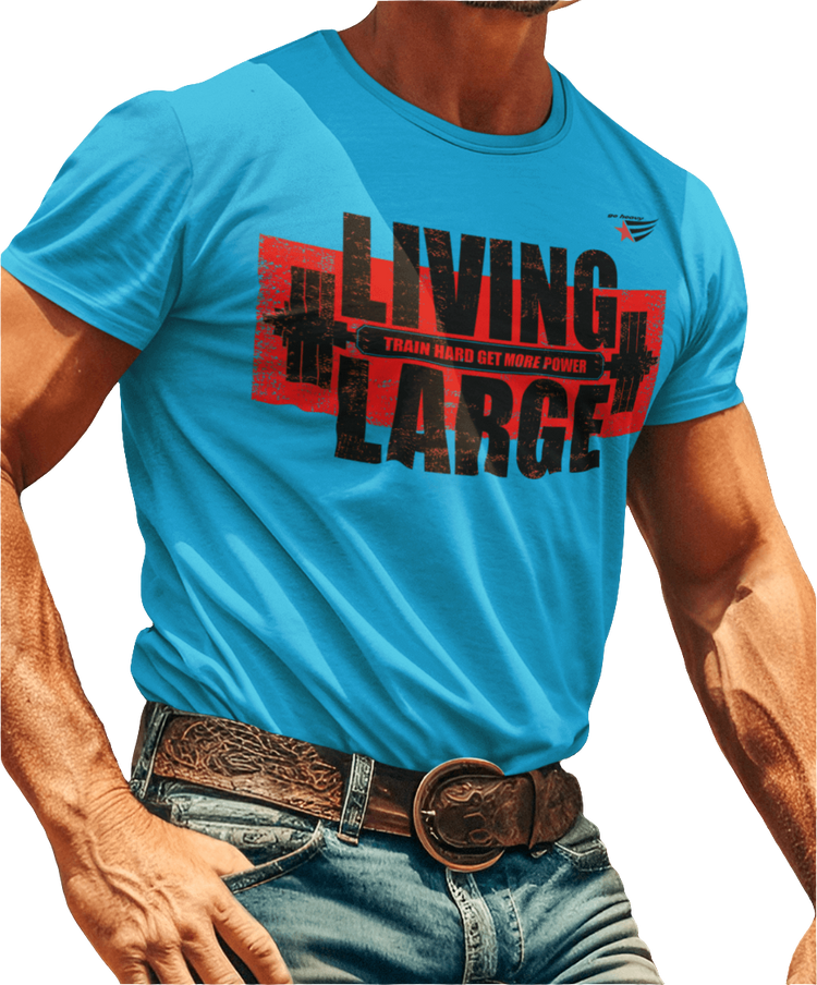 A man wearing Gymstar blue t-shirt, designed for heavy workout enthusiasts. The chest features a large, distressed print depicting a barbell and motivational text. The "LIVING LARGE" text is a standout red color, and the "TRAIN HARD GET MORE POWER" message makes it a perfect choice for weightlifting and gym training.