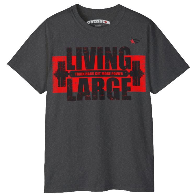 Gymstar military green t-shirt, designed for heavy workout enthusiasts. The chest features a large, distressed print depicting a barbell and motivational text. The "LIVING LARGE" text is a standout red color, and the "TRAIN HARD GET MORE POWER" message makes it a perfect choice for weightlifting and gym training. Front view.