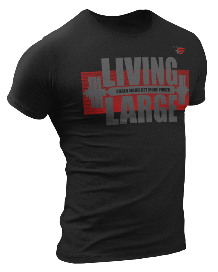 The image shows the front of a black sports t-shirt Gymstar with the text 'LIVING LARGE' and a graphic of a barbell and logo.