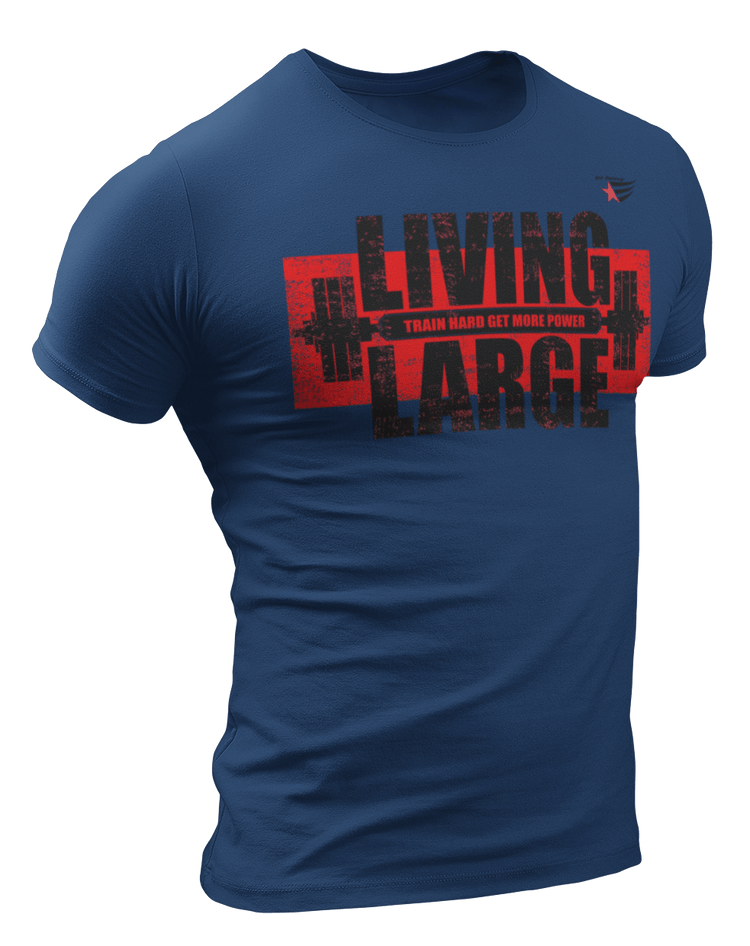 The image shows the front of a navy blue sports t-shirt Gymstar with the text 'LIVING LARGE' and a graphic of a barbell and logo.
