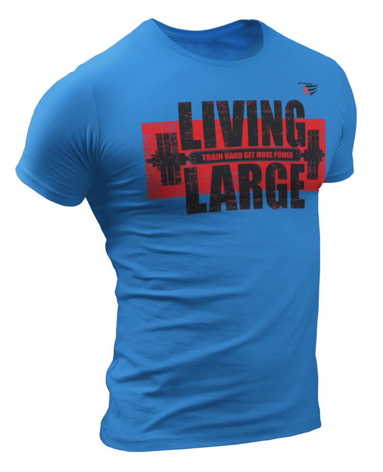 The image shows the front of a blue sports t-shirt Gymstar with the text 'LIVING LARGE' and a graphic of a barbell and logo.