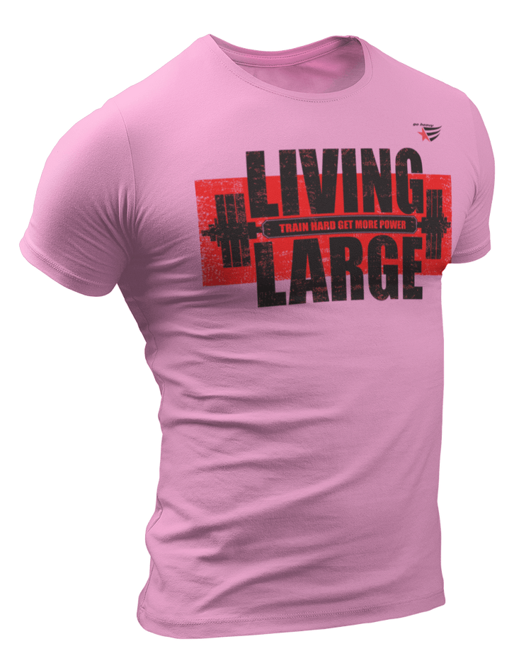 The image shows the front of a pink sports t-shirt Gymstar with the text 'LIVING LARGE' and a graphic of a barbell and logo.
