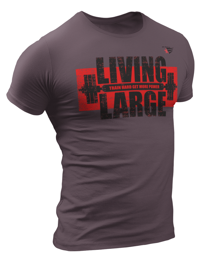 The image shows the front of a rosa sports t-shirt Gymstar with the text 'LIVING LARGE' and a graphic of a barbell and logo.