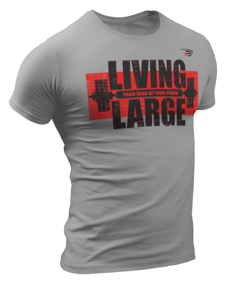 The image shows the front of a beige sports t-shirt Gymstar with the text 'LIVING LARGE' and a graphic of a barbell and logo.