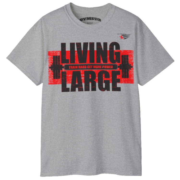 Gymstar silver grey t-shirt, designed for heavy workout enthusiasts. The chest features a large, distressed print depicting a barbell and motivational text. The "LIVING LARGE" text is a standout red color, and the "TRAIN HARD GET MORE POWER" message makes it a perfect choice for weightlifting and gym training. Front view.