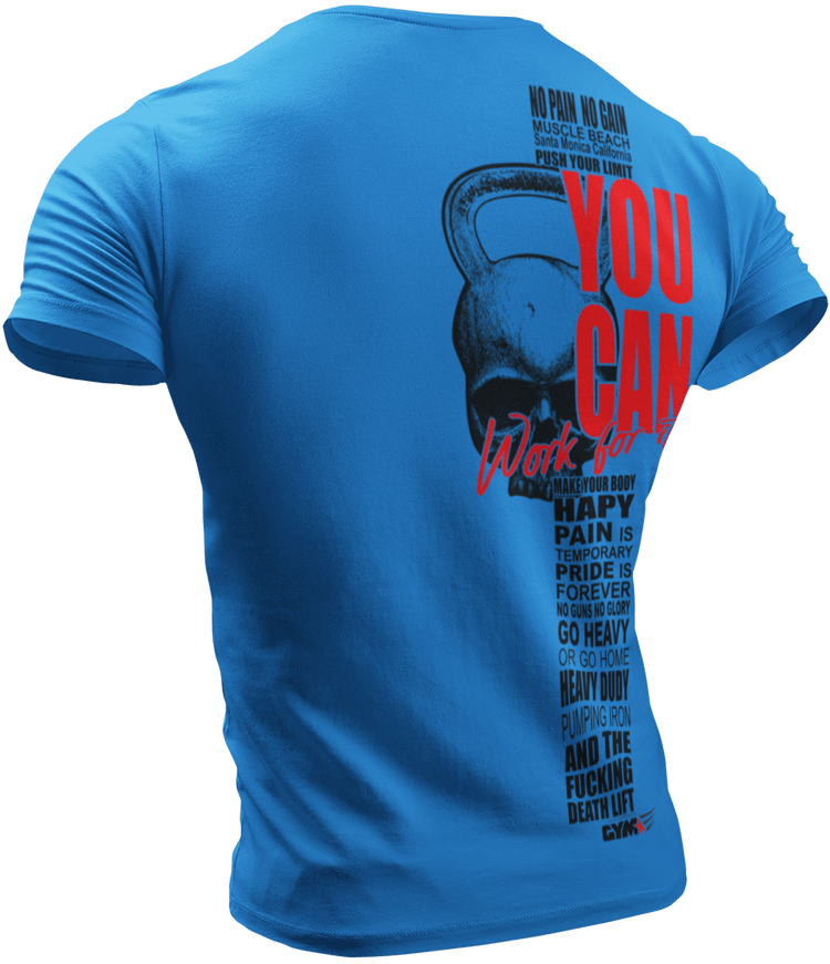 The image shows the back of blue sports t-shirt Gymstar with the text 'YOU CAN' and a graphic of a Skull Kettlebell.