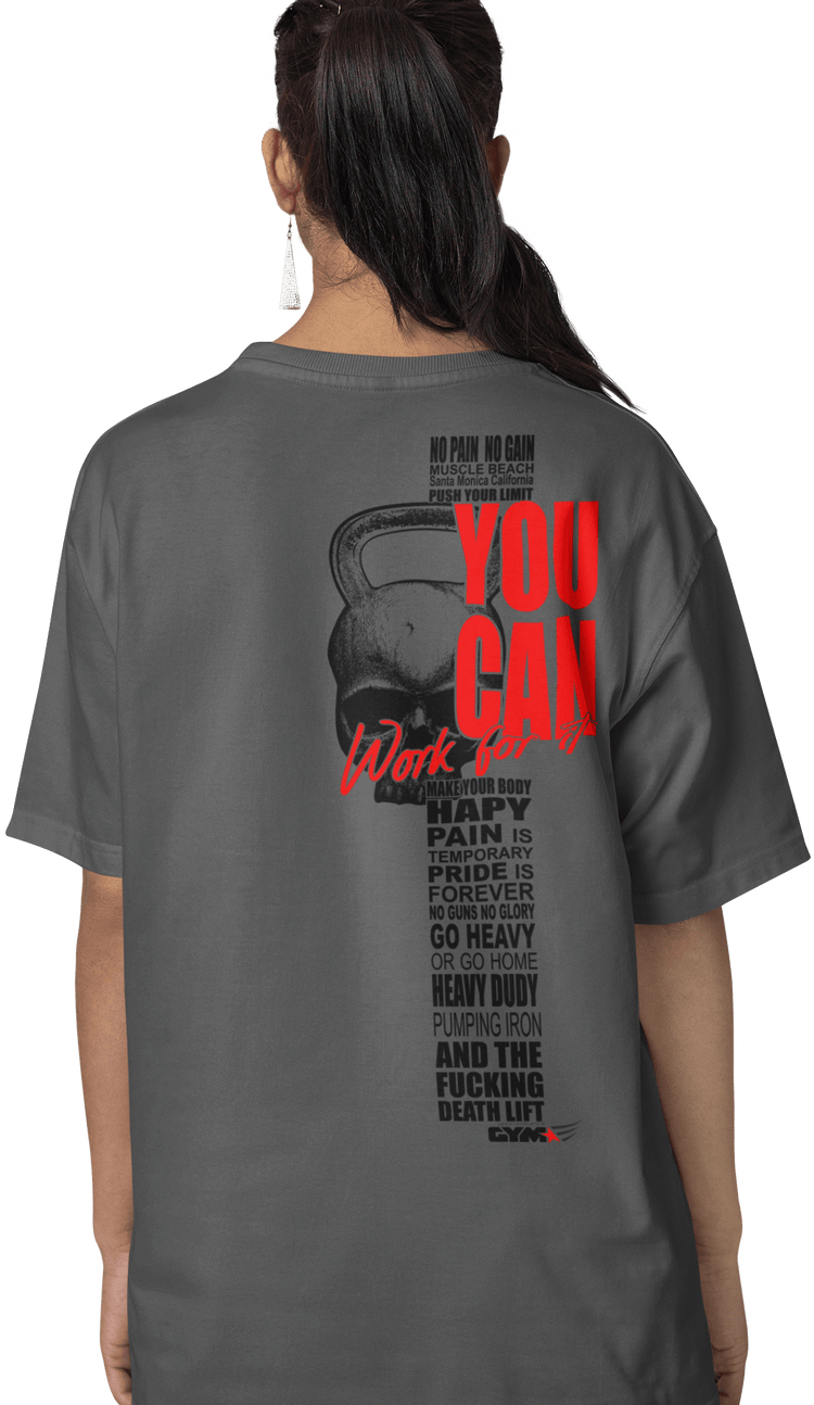 The image shows the back of a woman wearing a gray sports t-shirt Gymstar with the text 'YOU CAN' and a graphic of a Skull Kettlebell.