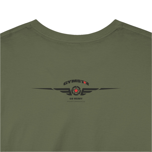A military green Gymstar workout tee with a black graphic that reads 'GYM',  bodybuilder silhouettte and logo, presumably bodybulding or fitness.  Rear Logo Close up view.