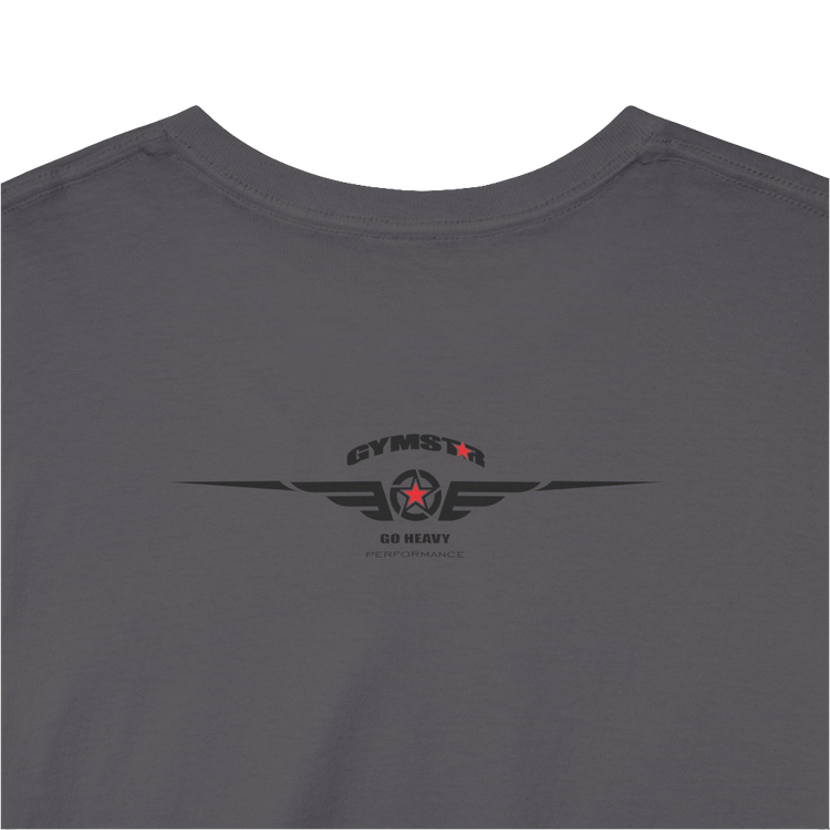 A sport grey Gymstar workout tee with a black graphic that reads 'GYM',  bodybuilder silhouettte and logo, presumably bodybulding or fitness.  Rear Logo Close up view.