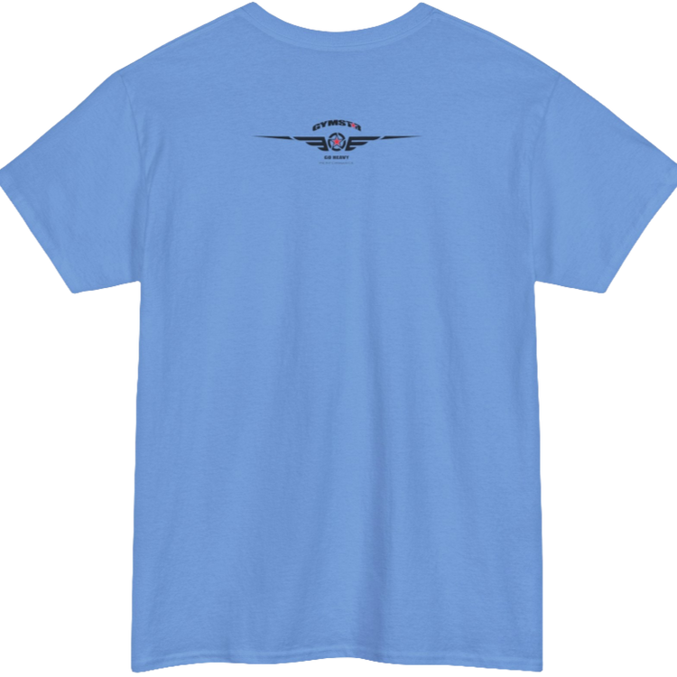 A Carolina blue Gymstar workout tee with a black graphic that reads 'GYM',  bodybuilder silhouettte and logo, presumably bodybulding or fitness.  Rear view.