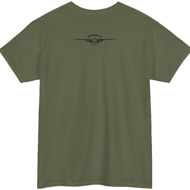 A military green Gymstar workout tee with a black graphic that reads 'GYM',  bodybuilder silhouettte and logo, presumably bodybulding or fitness.  Rear  view.