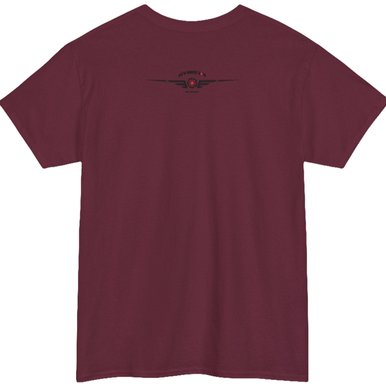 A ruby Gymstar workout tee with a black graphic that reads 'GYM',  bodybuilder silhouettte and logo, presumably bodybulding or fitness.  Rear view.