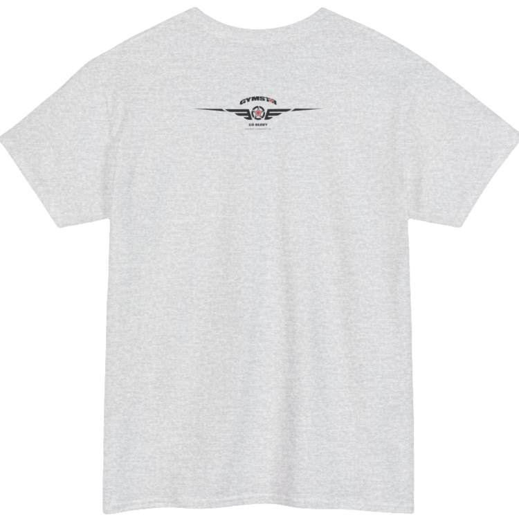 A silver grey Gymstar workout tee with a black graphic that reads 'GYM',  bodybuilder silhouettte and logo, presumably bodybulding or fitness.  Rear view.