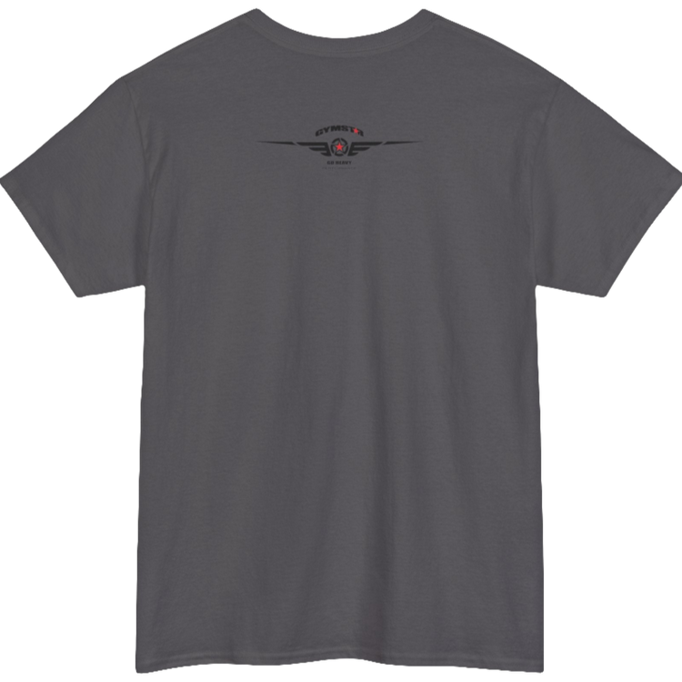 A sport grey Gymstar workout tee with a black graphic that reads 'GYM',  bodybuilder silhouettte and logo, presumably bodybulding or fitness.  Rear view.