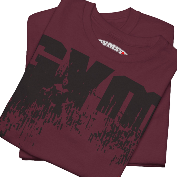 A ruby Gymstar workout tee with a black graphic that reads 'GYM',  bodybuilder silhouettte and logo, presumably bodybulding or fitness.   Close up view.