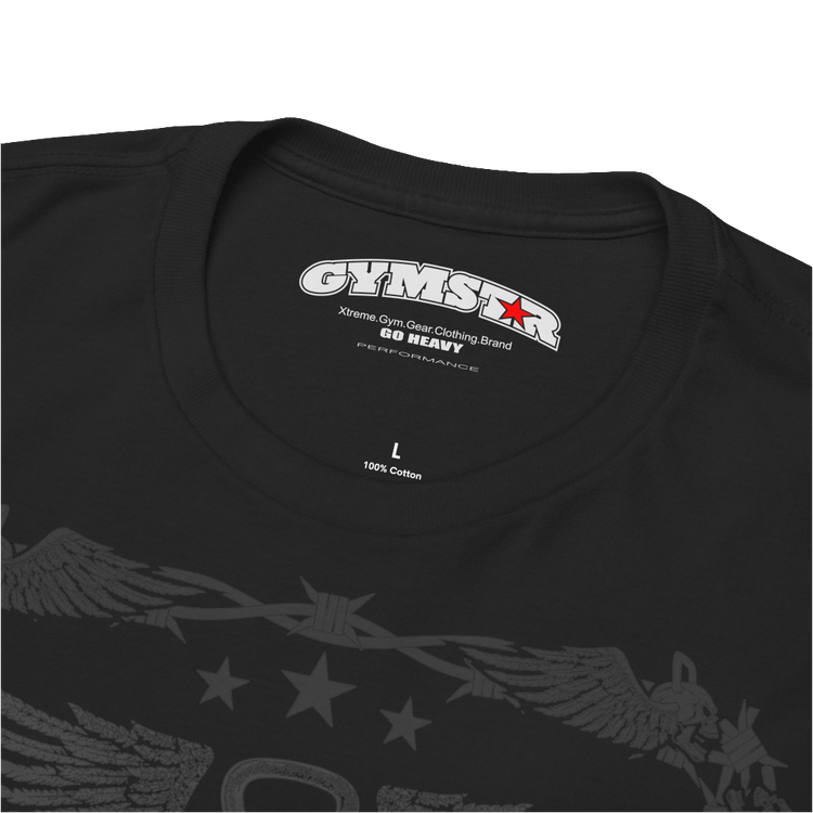 A black Gymstar workout tee with a black graphic that reads 'Rock And Grow', barbell and logo, presumably bodybulding or fitness. Logo Close up view.