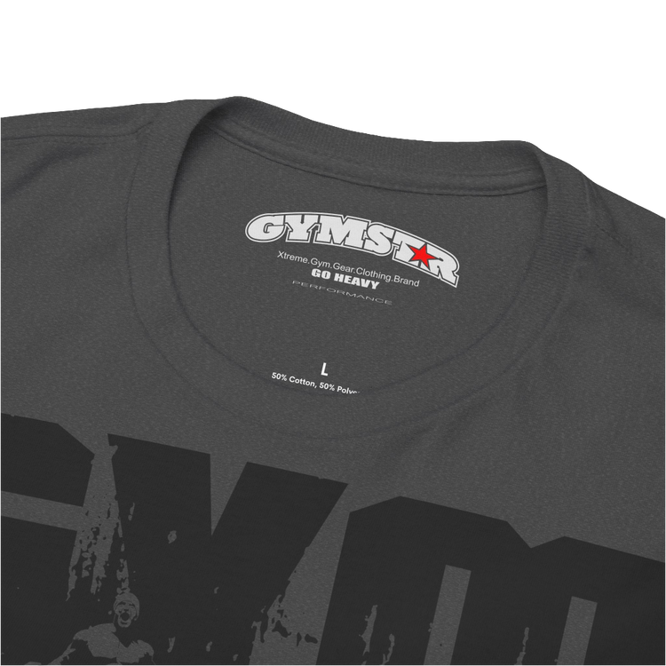 A grey Gymstar workout tee with a black graphic that reads 'GYM',  bodybuilder silhouettte and logo, presumably bodybulding or fitness.  Logo Close up view.