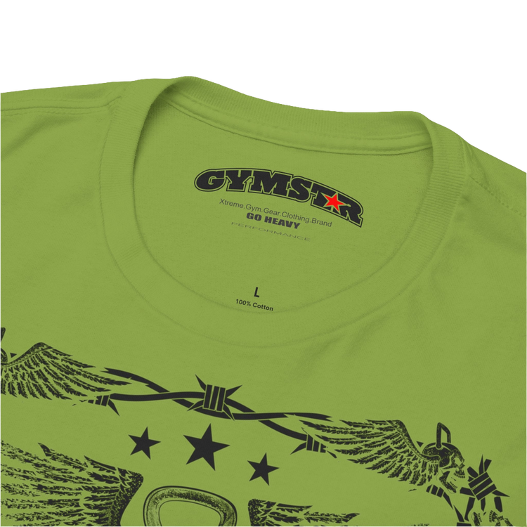 A kiwi Gymstar workout tee with a black graphic that reads 'Rock And Grow', barbell and logo, presumably bodybulding or fitness. Logo Close up view.
