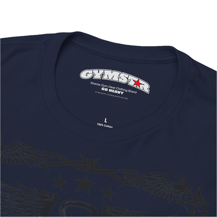 A navy blue Gymstar workout tee with a black graphic that reads 'Rock And Grow', barbell and logo, presumably bodybulding or fitness. Logo Close up view.