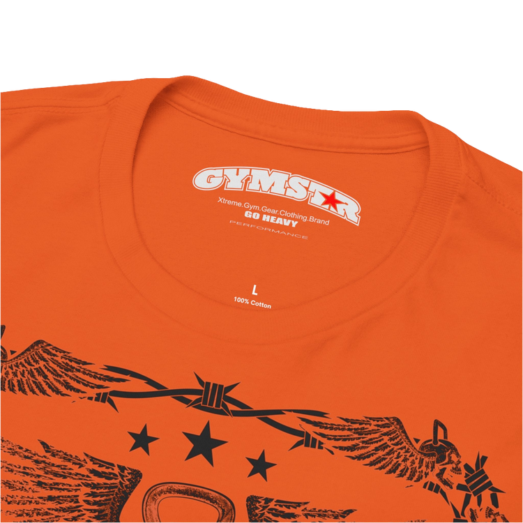 A orange Gymstar workout tee with a black graphic that reads 'Rock And Grow', barbell and logo, presumably bodybulding or fitness. Logo Close up view.