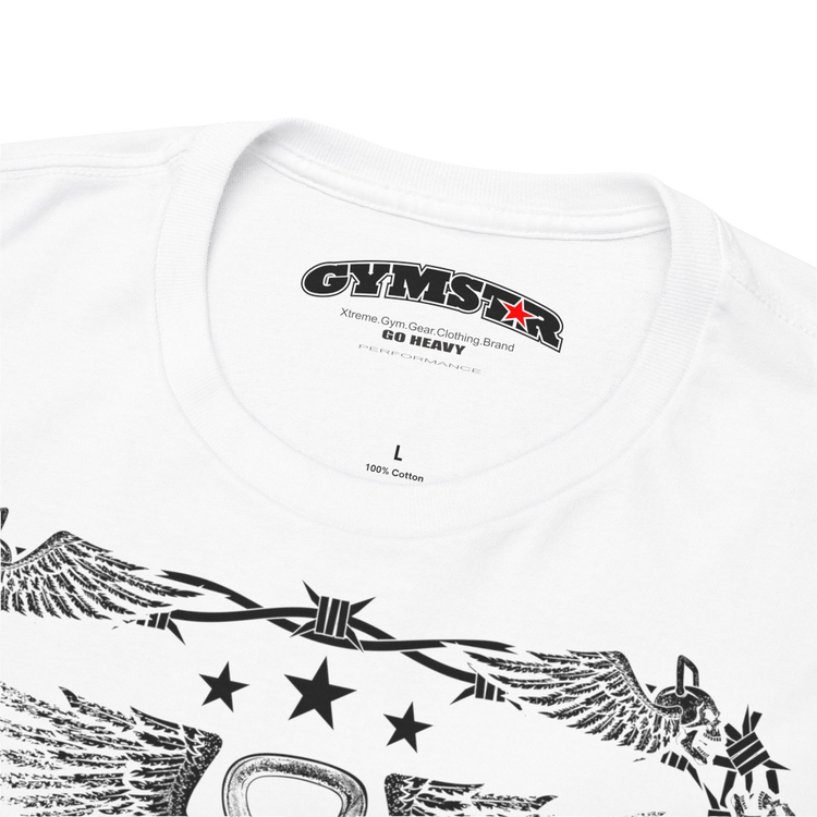 A white Gymstar workout tee with a black graphic that reads 'Rock And Grow', barbell and logo, presumably bodybulding or fitness. Logo Close up view.