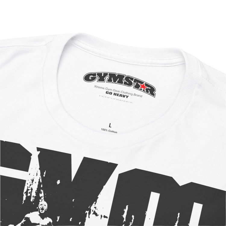 A white Gymstar workout tee with a black graphic that reads 'GYM',  bodybuilder silhouettte and logo, presumably bodybulding or fitness.  Logo Close up view.