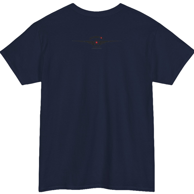 A navy blue Gymstar workout tee with a black graphic that reads 'Rock And Grow', barbell and logo, presumably bodybulding or fitness. Rear view.