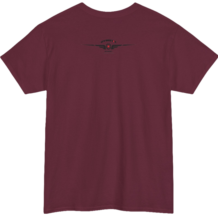 A rubin Gymstar workout tee with a black graphic that reads 'Rock And Grow', barbell and logo, presumably bodybulding or fitness. Rear view.