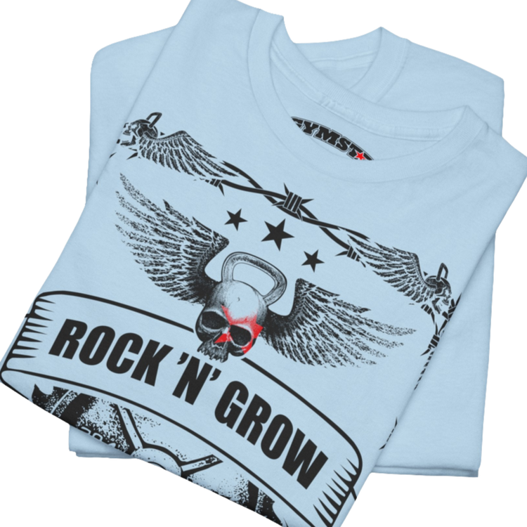 A light blue Gymstar workout tee with a black graphic that reads 'Rock And Grow', barbell and logo, presumably bodybulding or fitness. Close up view.