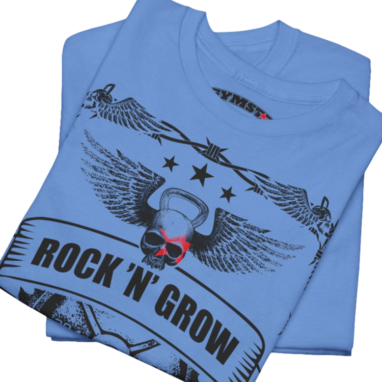 A Carolina blue Gymstar workout tee with a black graphic that reads 'Rock And Grow', barbell and logo, presumably bodybulding or fitness. Close up view.