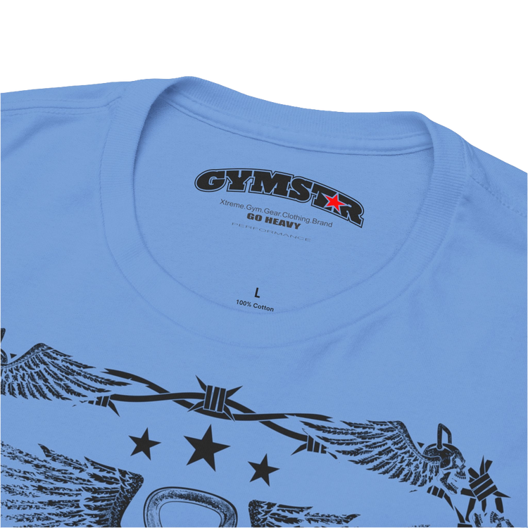 A Carolina blue Gymstar workout tee with a black graphic that reads 'Rock And Grow', barbell and logo, presumably bodybulding or fitness. Logo Close up view.