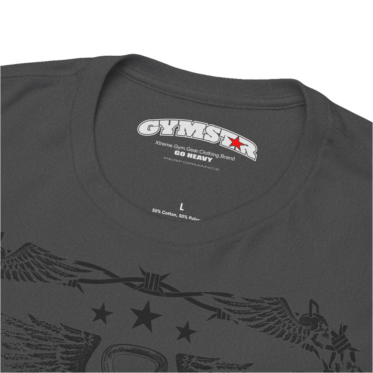 A grey Gymstar workout tee with a black graphic that reads 'Rock And Grow', barbell and logo, presumably bodybulding or fitness. Logo Close up view.
