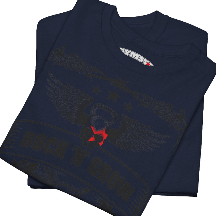 A navy blue Gymstar workout tee with a black graphic that reads 'Rock And Grow', barbell and logo, presumably bodybulding or fitness. Close up view.