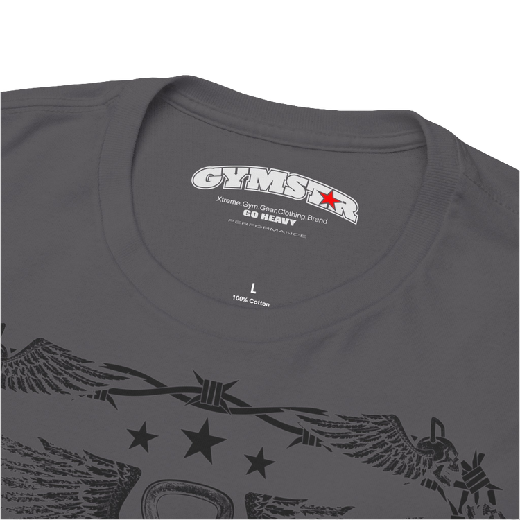 A sport grey Gymstar workout tee with a black graphic that reads 'Rock And Grow', barbell and logo, presumably bodybulding or fitness. Logo Close up view.
