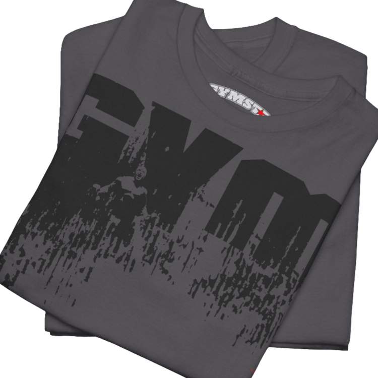 A sport grey Gymstar workout tee with a black graphic that reads 'GYM',  bodybuilder silhouettte and logo, presumably bodybulding or fitness.  Close up view.