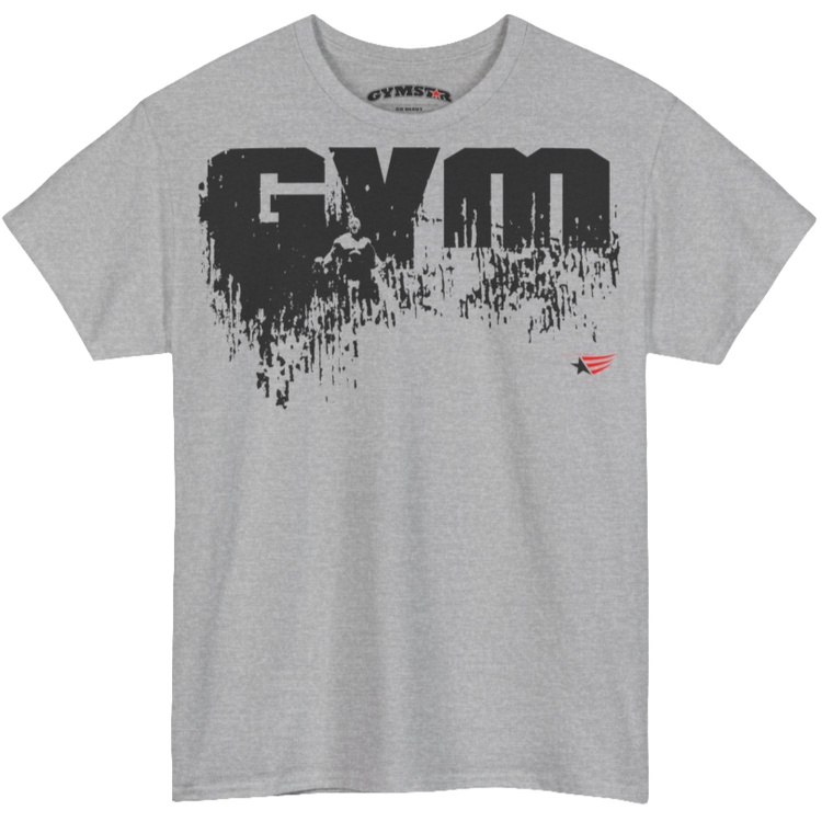 A silver grey Gymstar workout tee with a black graphic that reads 'GYM',  bodybuilder silhouettte and logo, presumably bodybulding or fitness.  Front view.