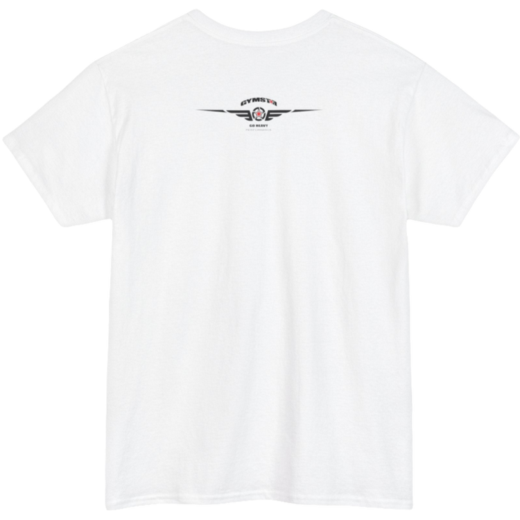 A white Gymstar workout tee with a black graphic that reads 'GYM',  bodybuilder silhouettte and logo, presumably bodybulding or fitness.  Rear  view.