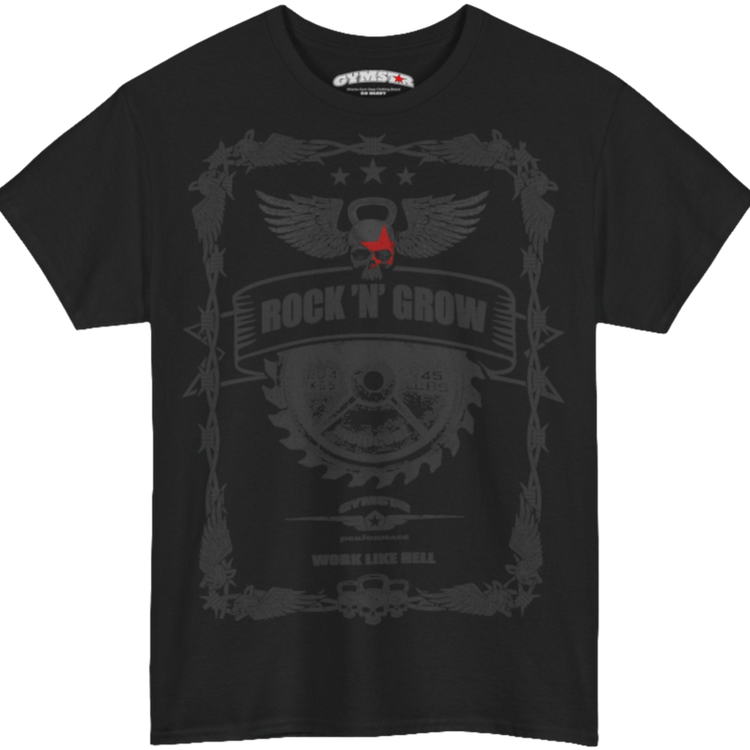 A black Gymstar workout tee with a black graphic that reads 'Rock And Grow', barbell and logo, presumably bodybulding or fitness.